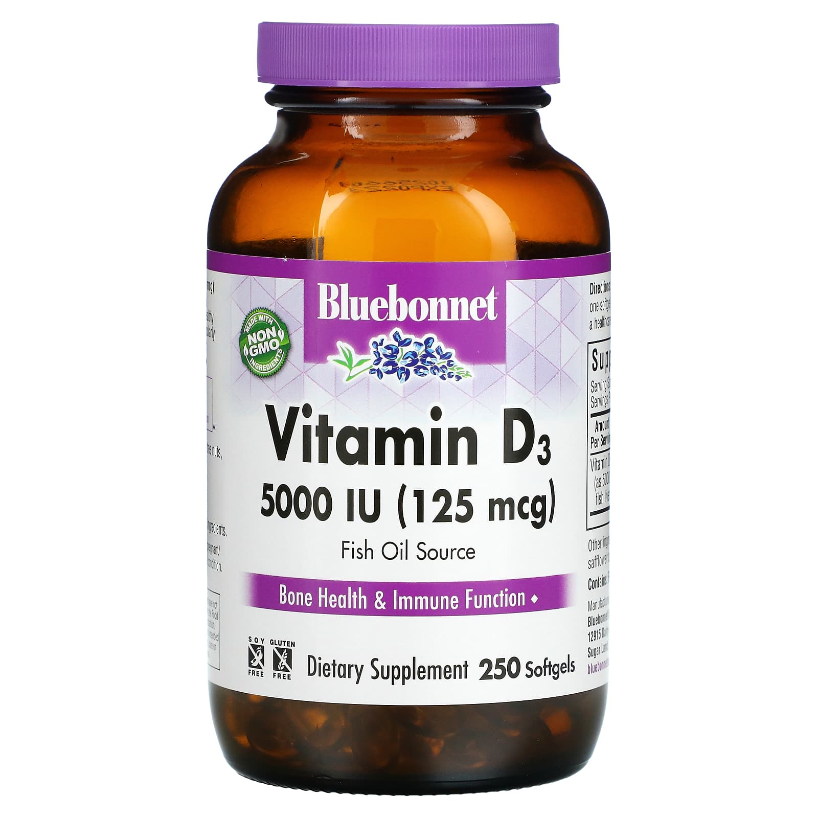 Bluebonnet, Vitamin D3, 125 mcg (5000 IU), Fish Oil Source, 250 Softgels UPC 743715003231 | HiLife Vitamins